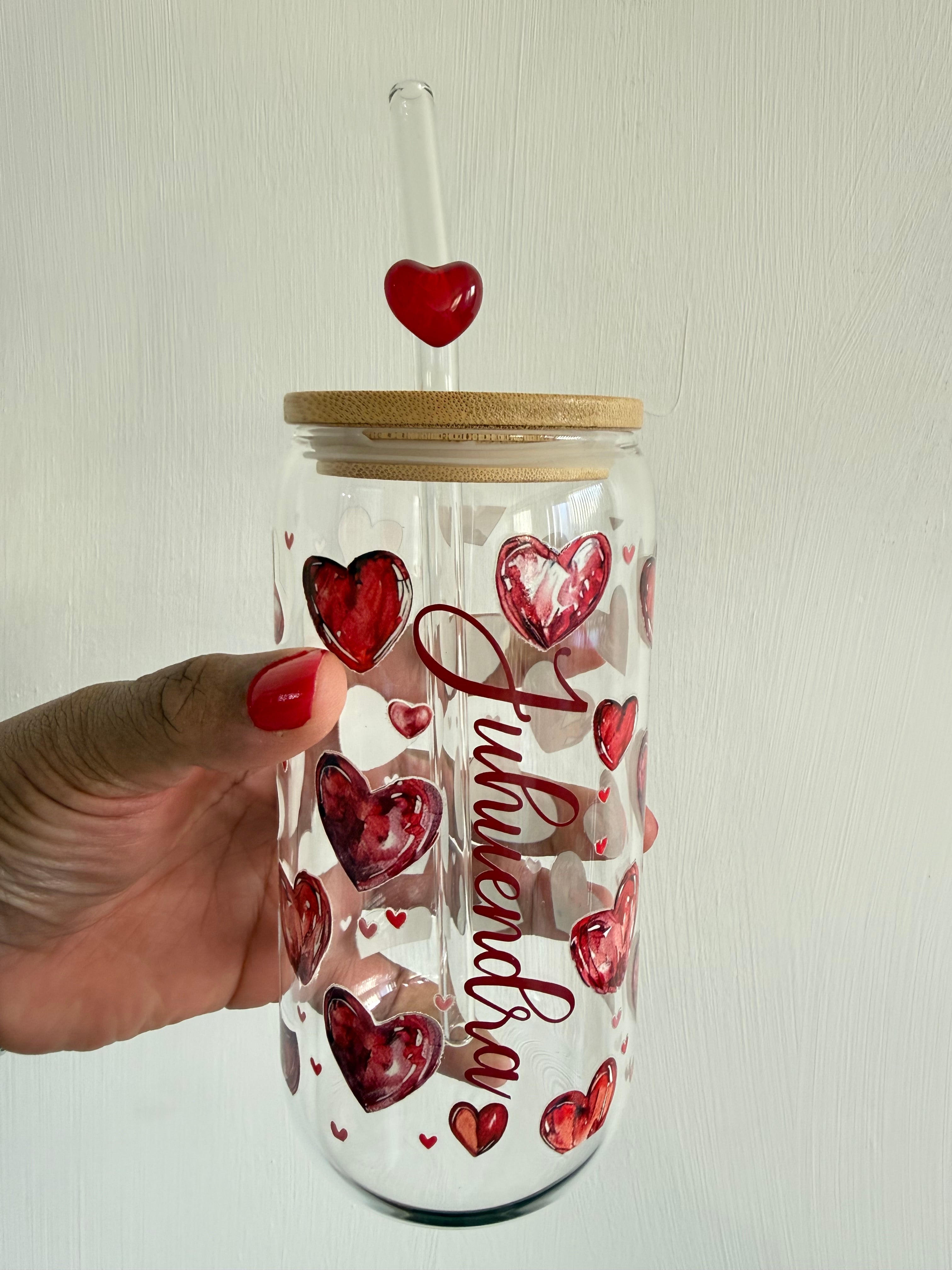 Drinkglas met rietje | hartjes met naam