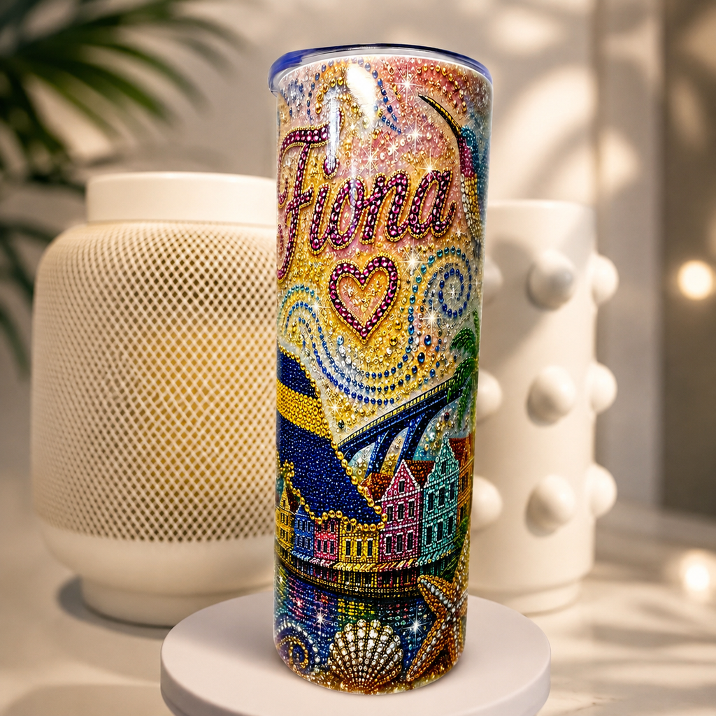 Curaçao Rhinestone Tumbler met naam – Gepersonaliseerde 20 oz drinkbeker met kleurrijk Curaçao design