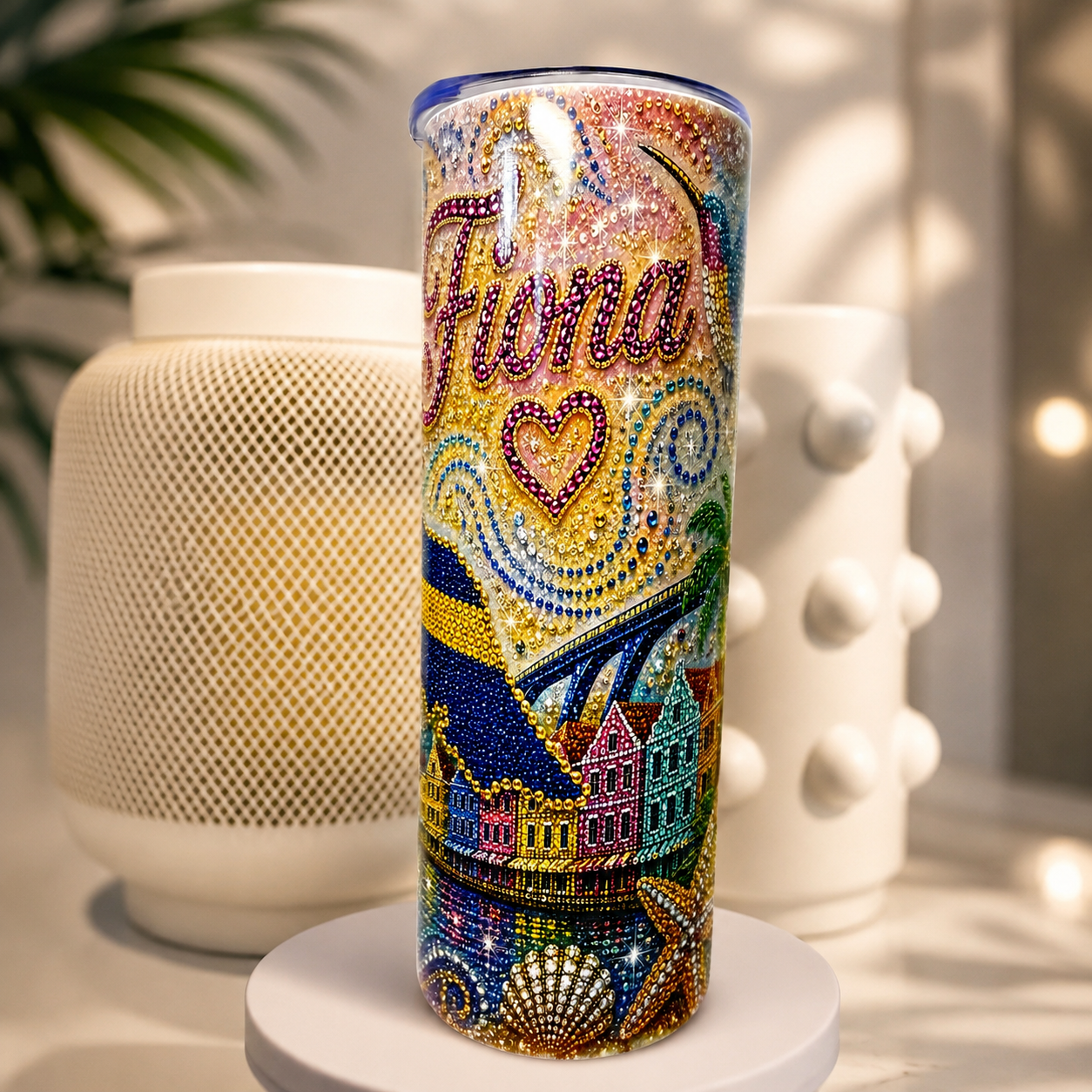 Curaçao Rhinestone Tumbler met naam – Gepersonaliseerde 20 oz drinkbeker met kleurrijk Curaçao design