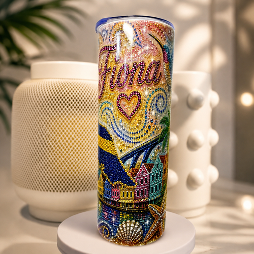 Curaçao Rhinestone Tumbler met naam – Gepersonaliseerde 20 oz drinkbeker met kleurrijk Curaçao design