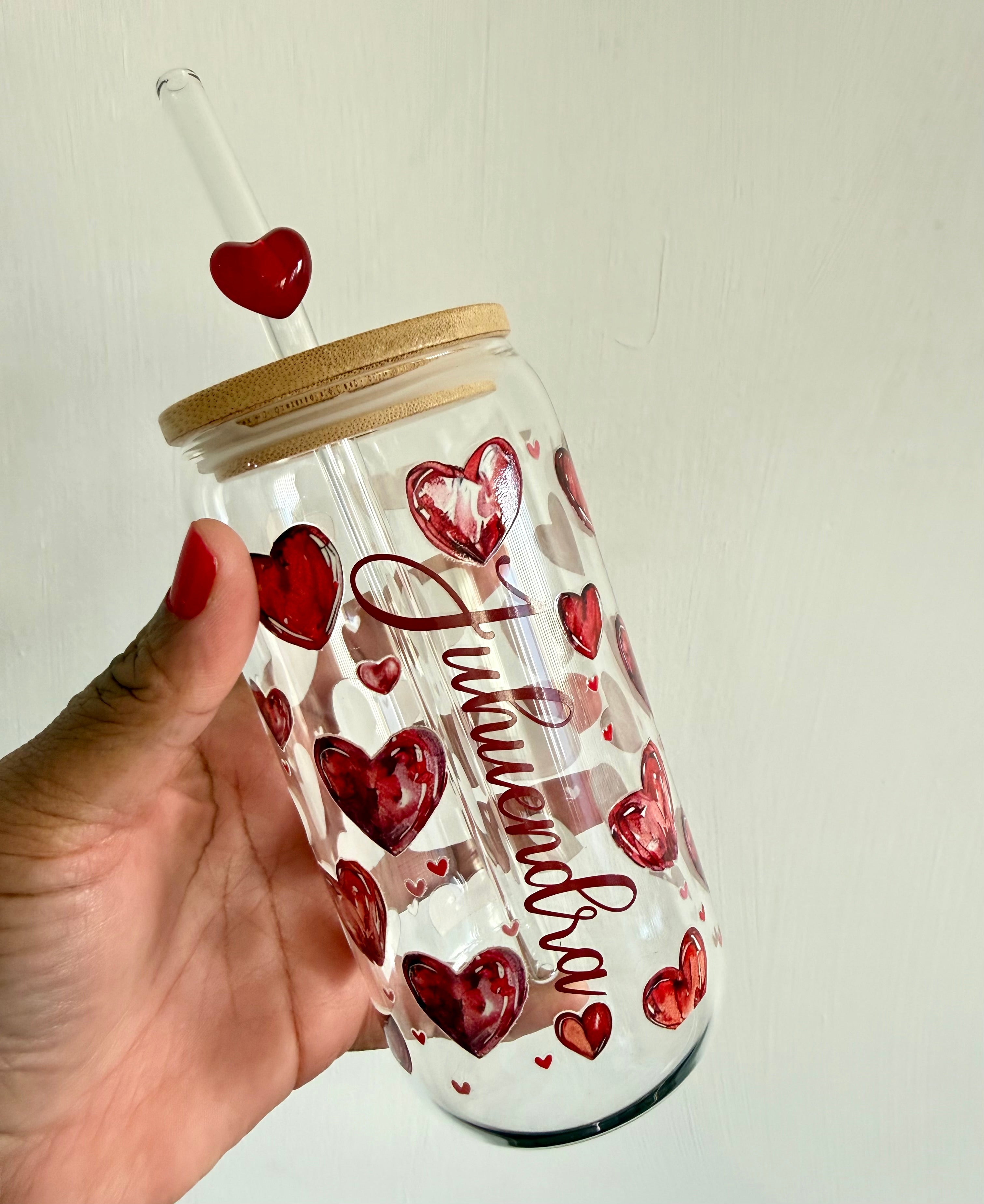 Drinkglas met rietje | hartjes met naam